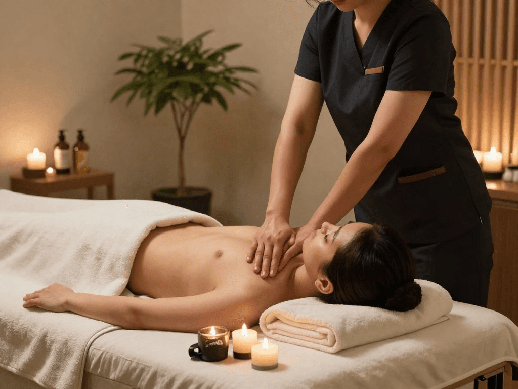 Enjoying a 강남출장마사지 in a serene home spa environment with professional care.