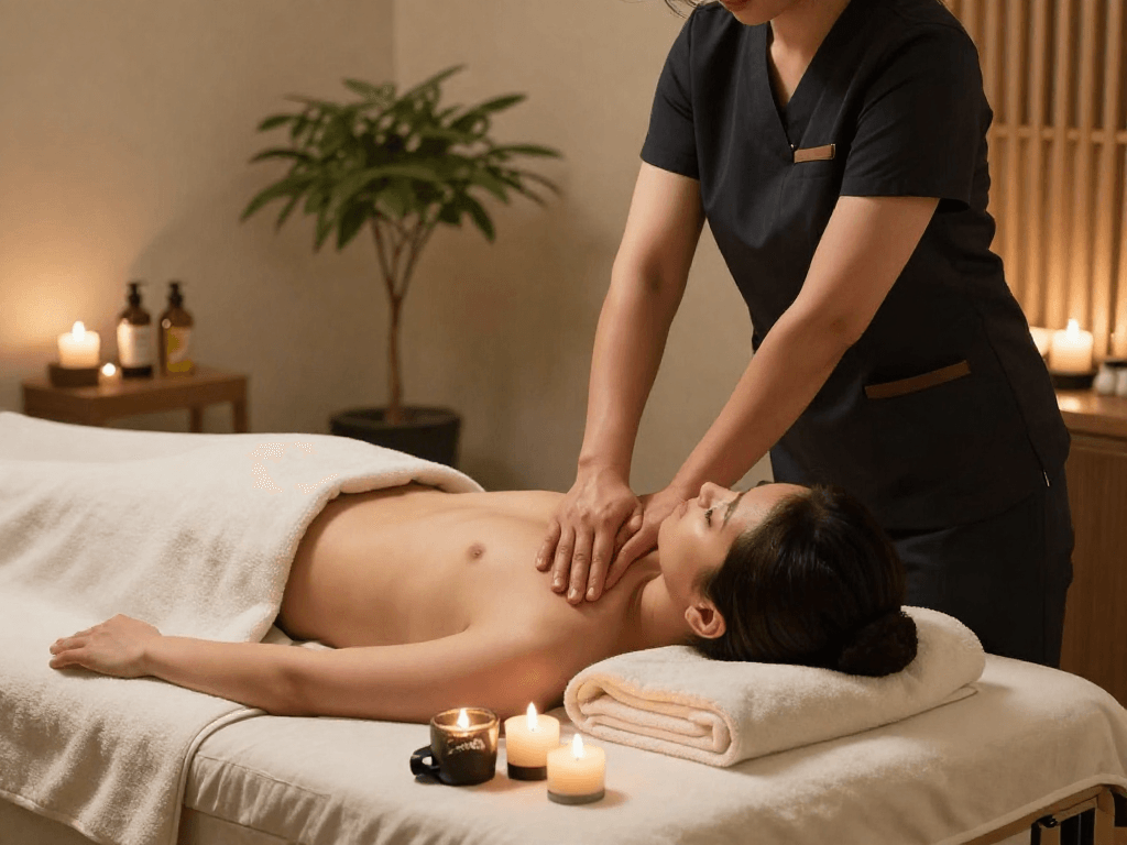 Enjoying a 강남출장마사지 in a serene home spa environment with professional care.