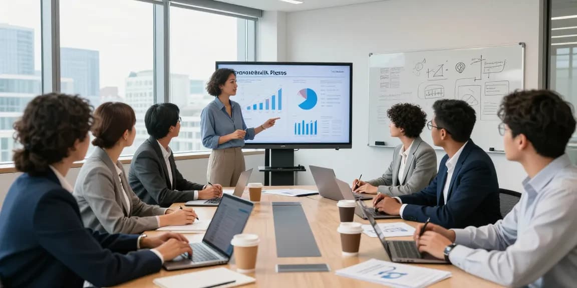 Team collaborating on corporate mobile plans UK analysis in a modern office meeting room.