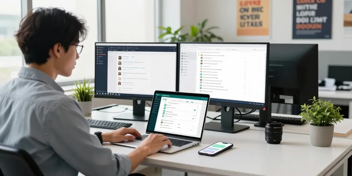 Professional user engaging with WhatsApp網頁版 on a laptop in a modern office workspace.