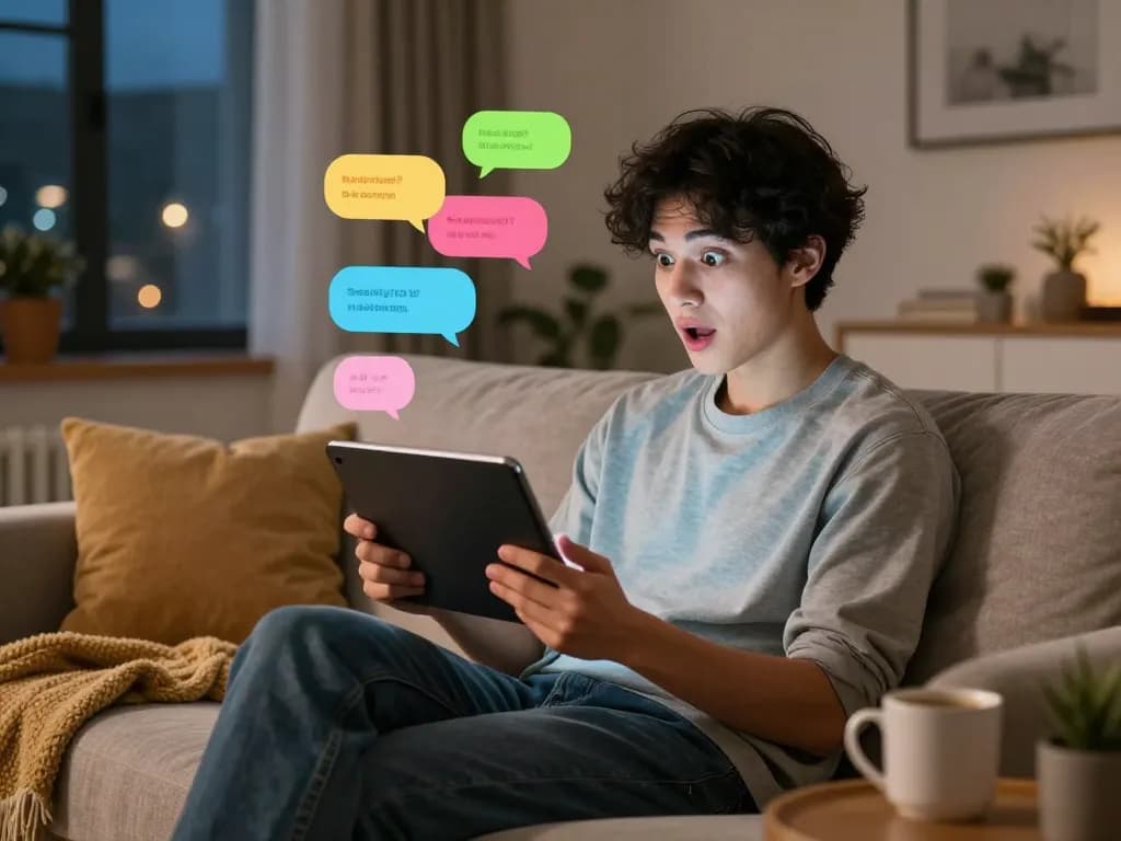Engaging scene of a person using a sex ai chat on a tablet in a cozy living room.