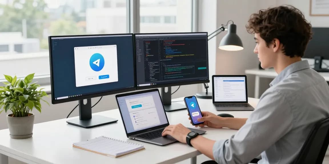 Download Telegram on multiple devices in a modern workspace.