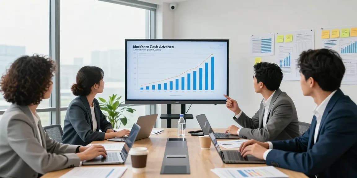 Team discussing strategy for instant merchant cash advance in modern office.