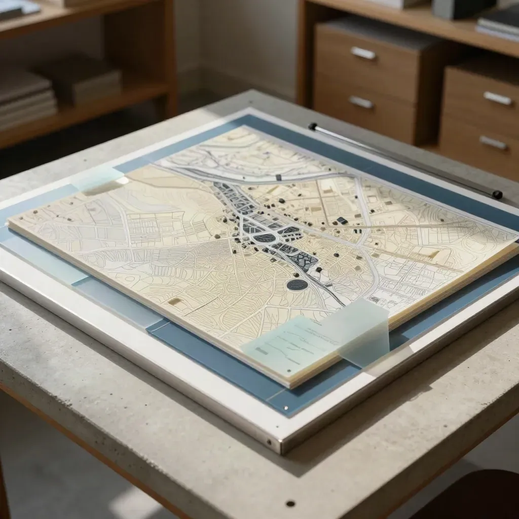 Tavolo GIS con strati traslucidi, base topografica e token parcella in studio di urbanistica.