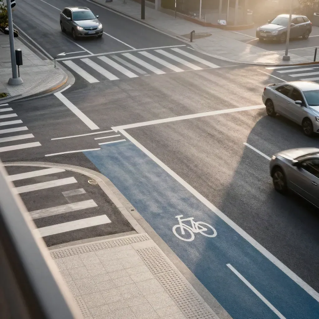 Incrocio urbano ridisegnato dall’alto con corsia ciclabile, attraversamenti nuovi e traffico in movimento.