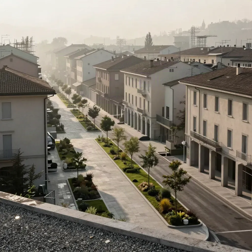 Nuovo quartiere a Brescia Est con strade lente finite, aiuole e fronti edificati nella foschia.