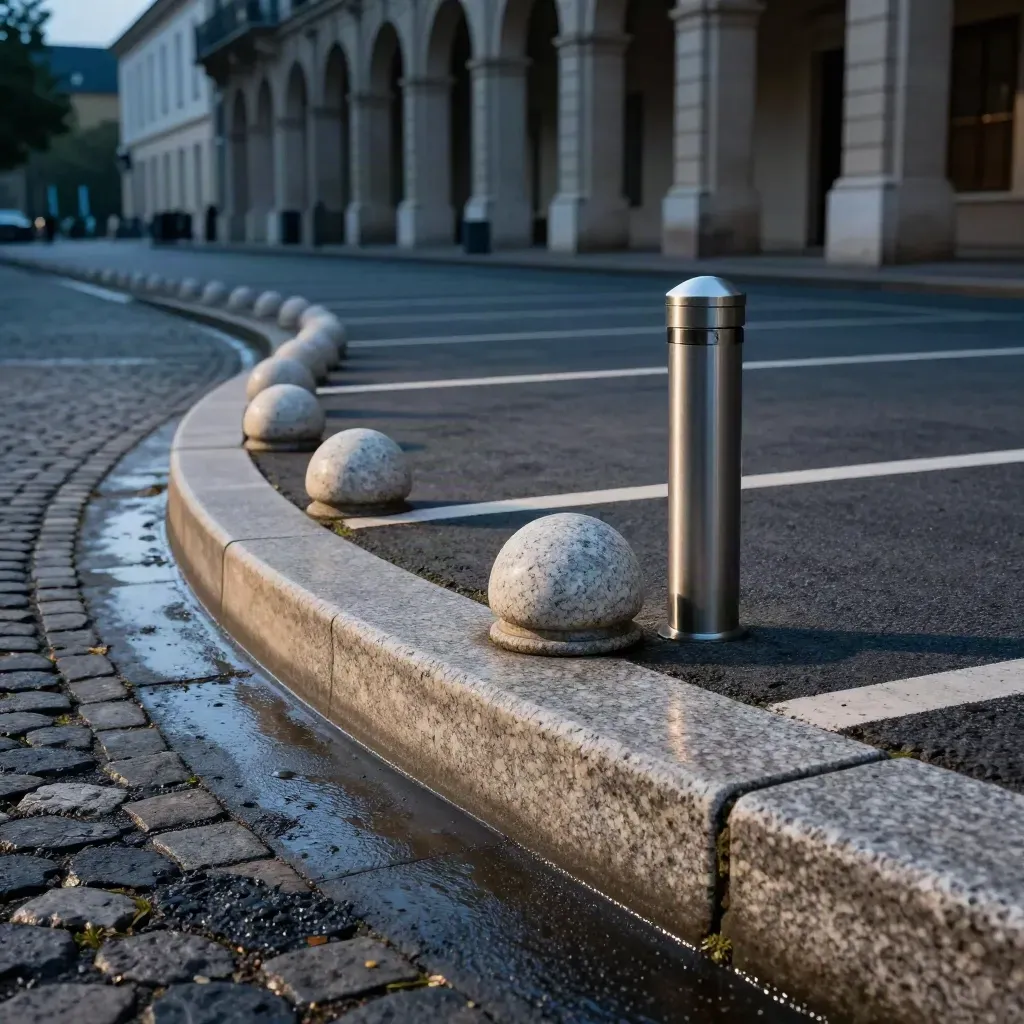 Parcheggi ordinati nel centro storico con cordoli in pietra e luce blu del crepuscolo.