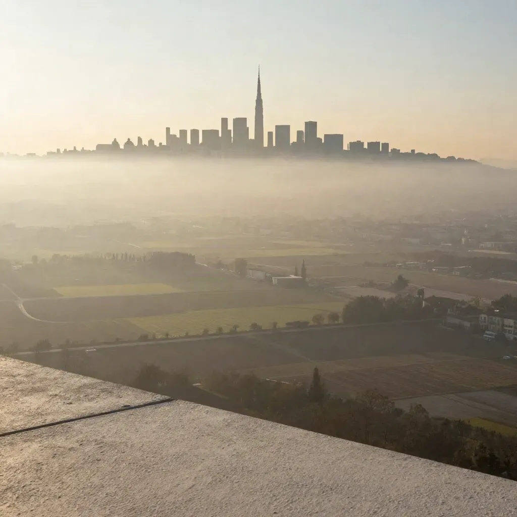 Milano all’alba sulla pianura lombarda, velata di foschia dorata.