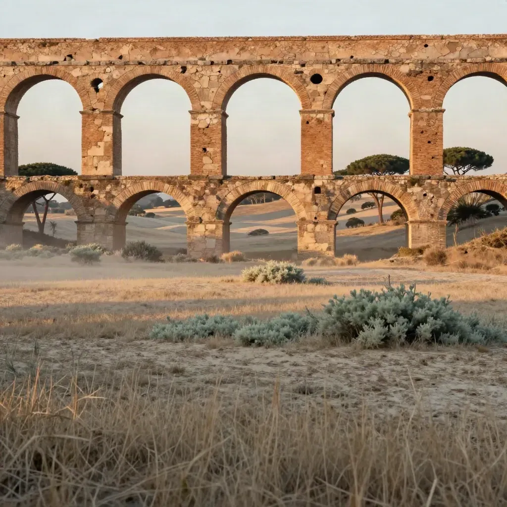 Acquedotto romano nel Lazio sopra una campagna aperta in luce calda e foschia
