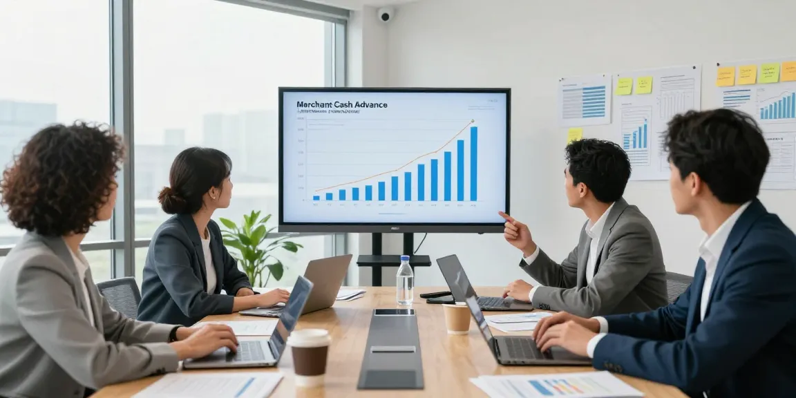 Team discussing strategy for instant merchant cash advance in modern office.